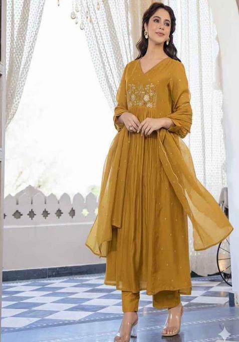Yellow Embroidery Cotton Kurta Set