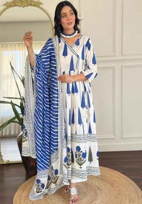 White Printed Cotton Kurta Set