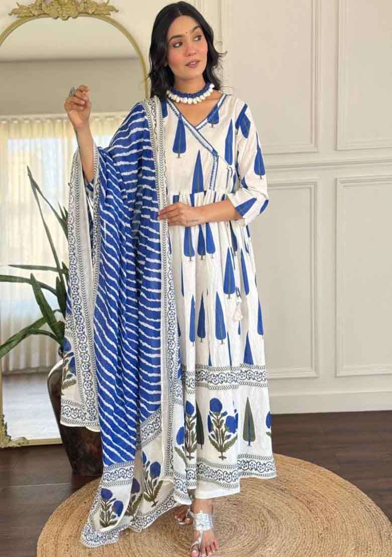 White Printed Cotton Kurta Set - Indya