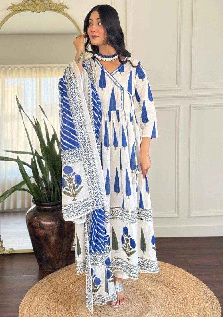 White Printed Cotton Kurta Set - Indya