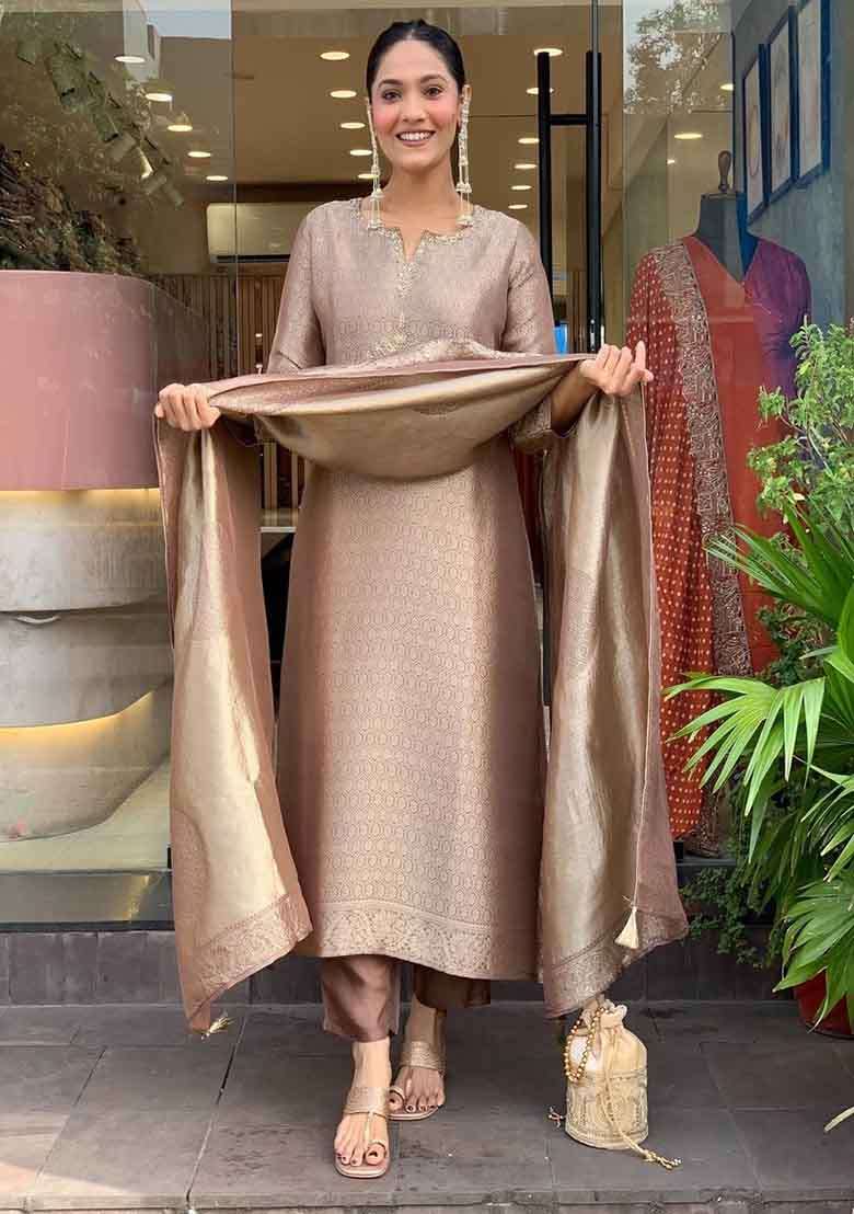 Brown Embroidery Tissue Kurta Set - Indya