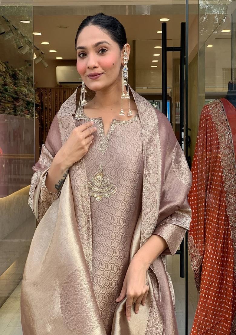 Brown Embroidery Tissue Kurta Set - Indya