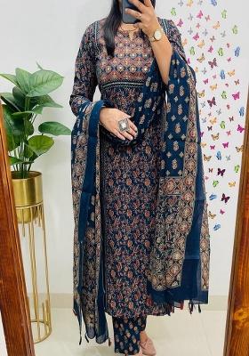 Blue Embroidery Cotton Kurta Set
