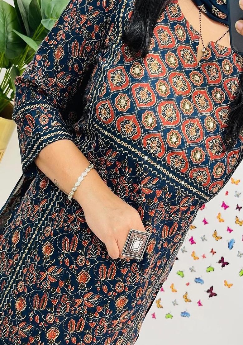 Blue Embroidery Cotton Kurta Set - Indya