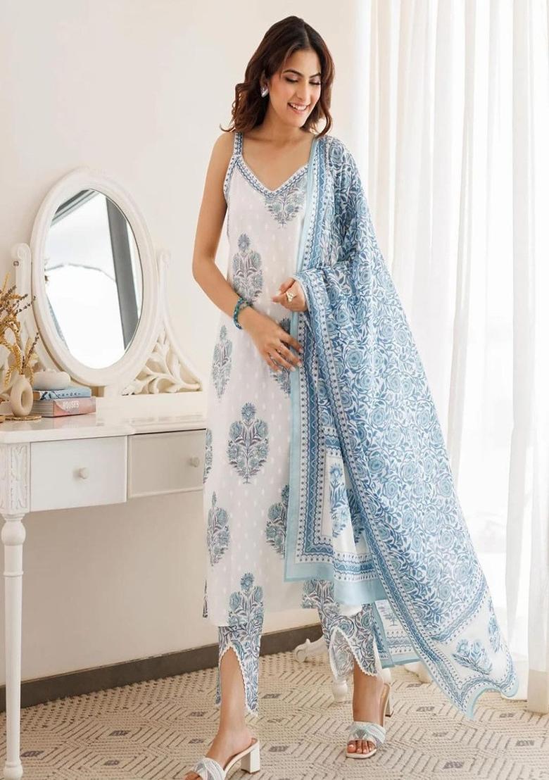 White Embroidery Cotton Kurta Set - Indya