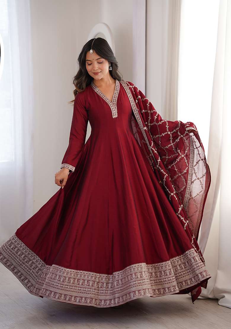 Maroon Embroidered Silk Blend Anarkali Set - Indya