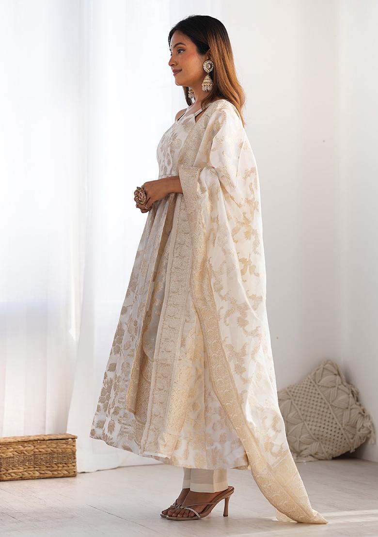 Cream Jacquard Silk Kurta Set - Indya