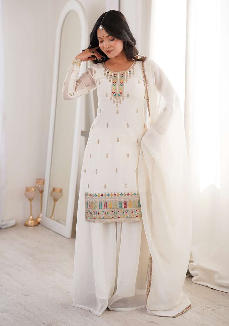 White Embroidered Silk Blend Straight Kurta Set - Indya