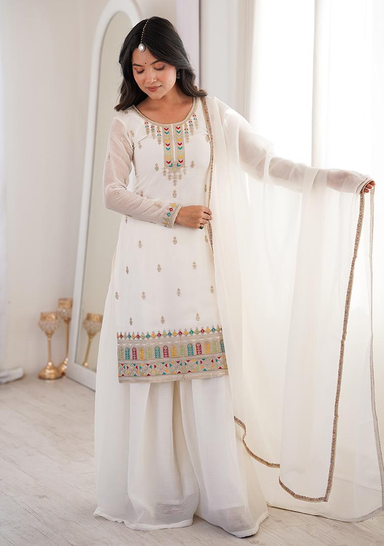 White Thread Work Silk Kurta Set - Indya