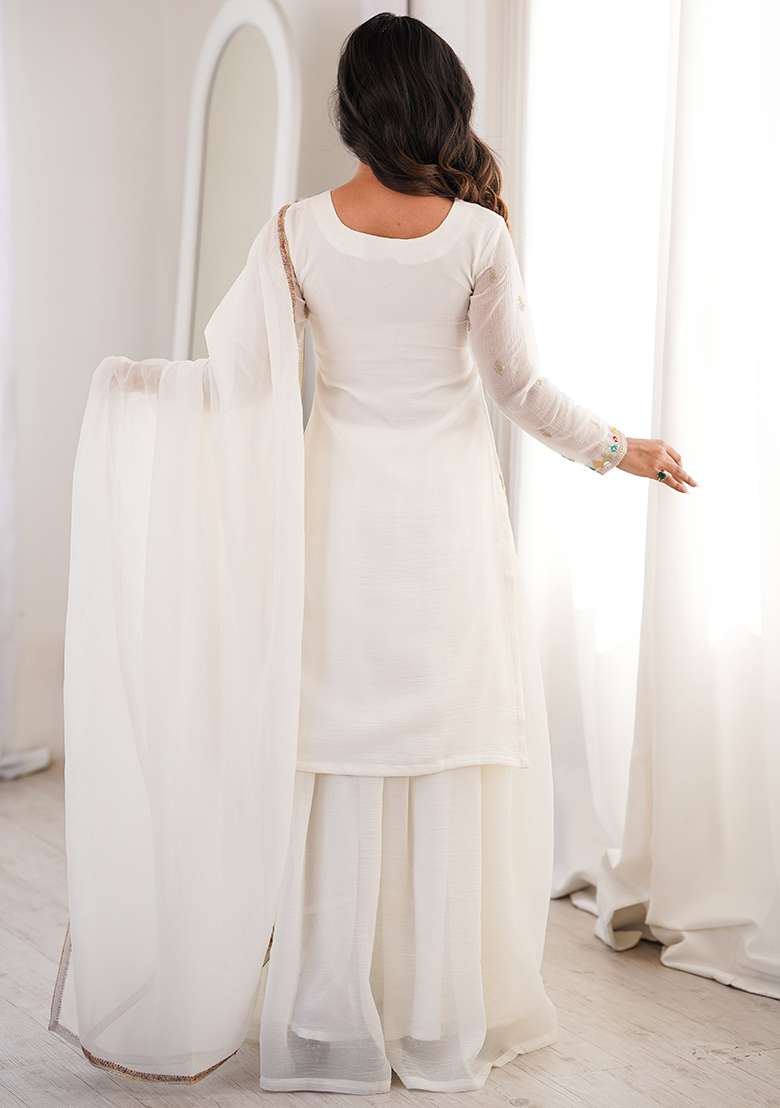 White Embroidered Silk Blend Straight Kurta Set - Indya