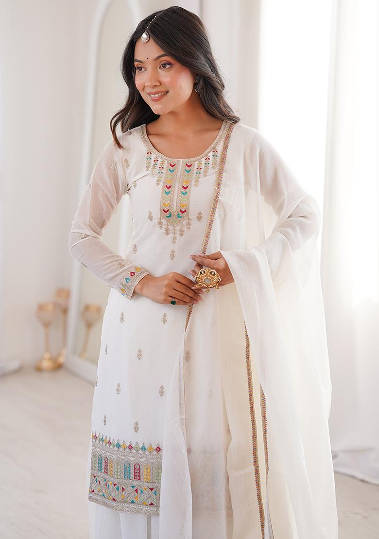 White Thread Work Silk Kurta Set - Indya