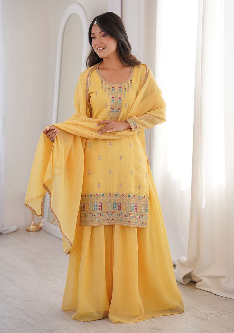 Yellow Embroidered Silk Blend Sharara Set - Indya