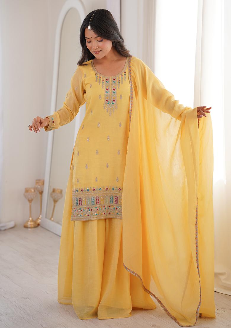 Yellow Thread Work Silk Kurta Set - Indya
