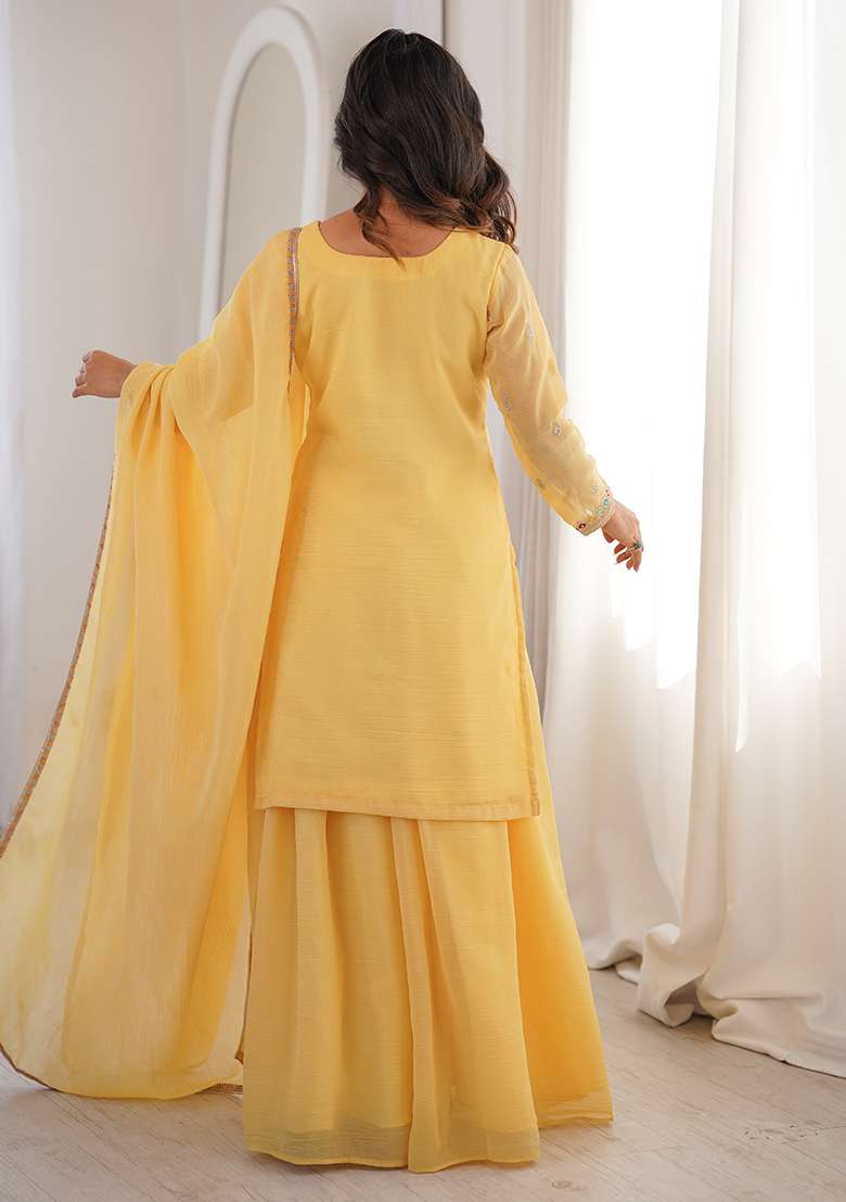 Yellow Embroidered Silk Blend Sharara Set - Indya