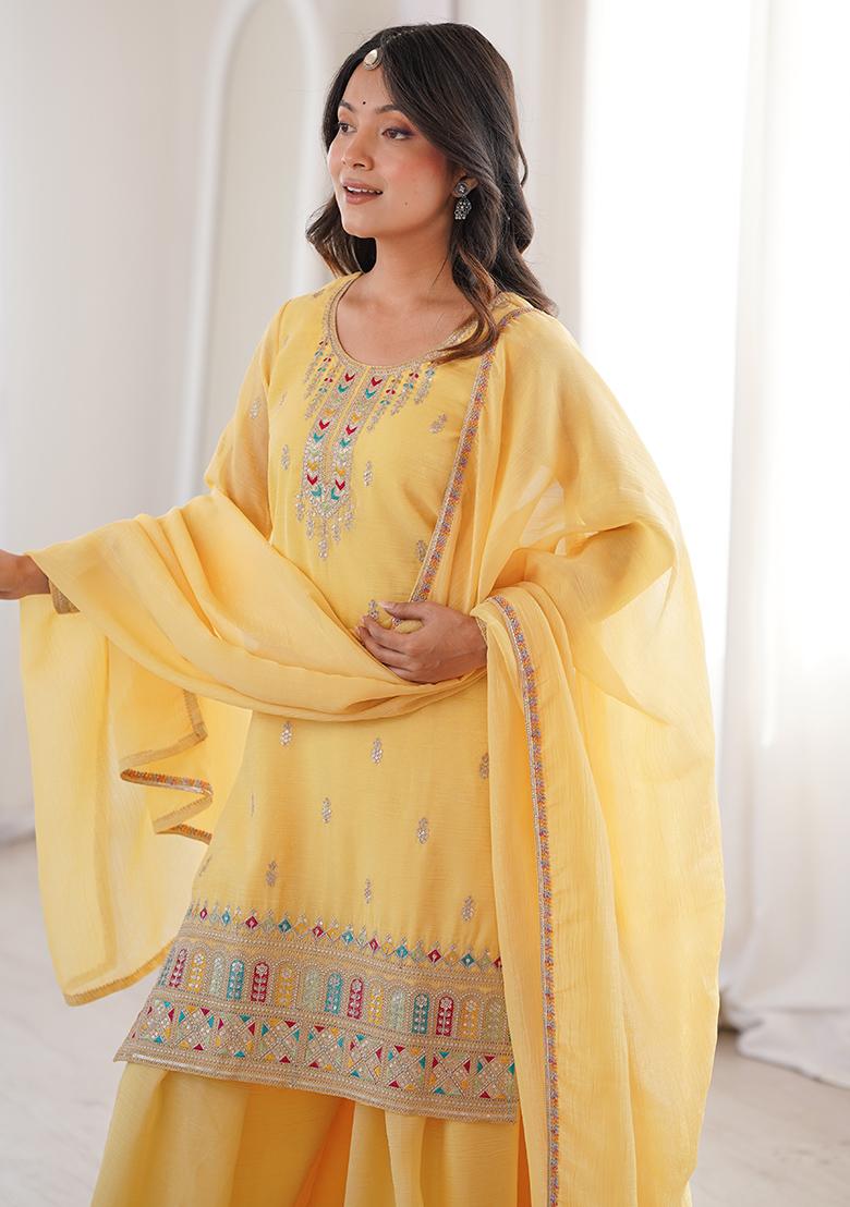 Yellow Thread Work Silk Kurta Set - Indya