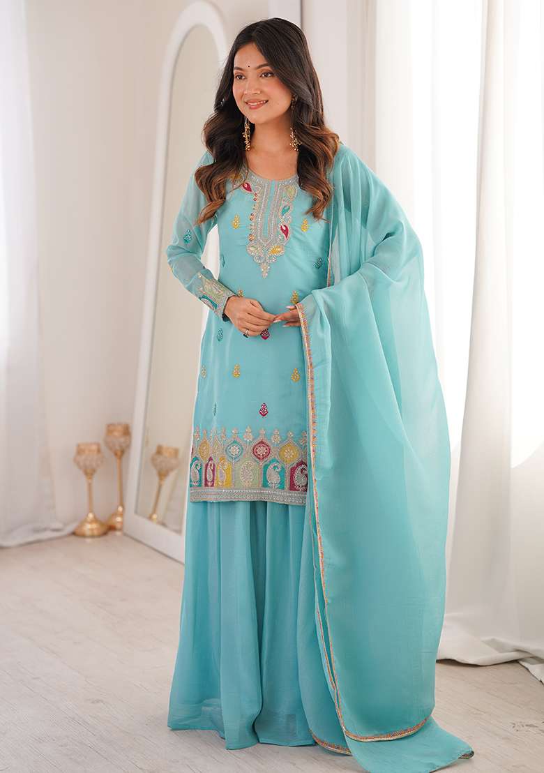 Sky Blue Embroidered Silk Blend Sharara Set - Indya