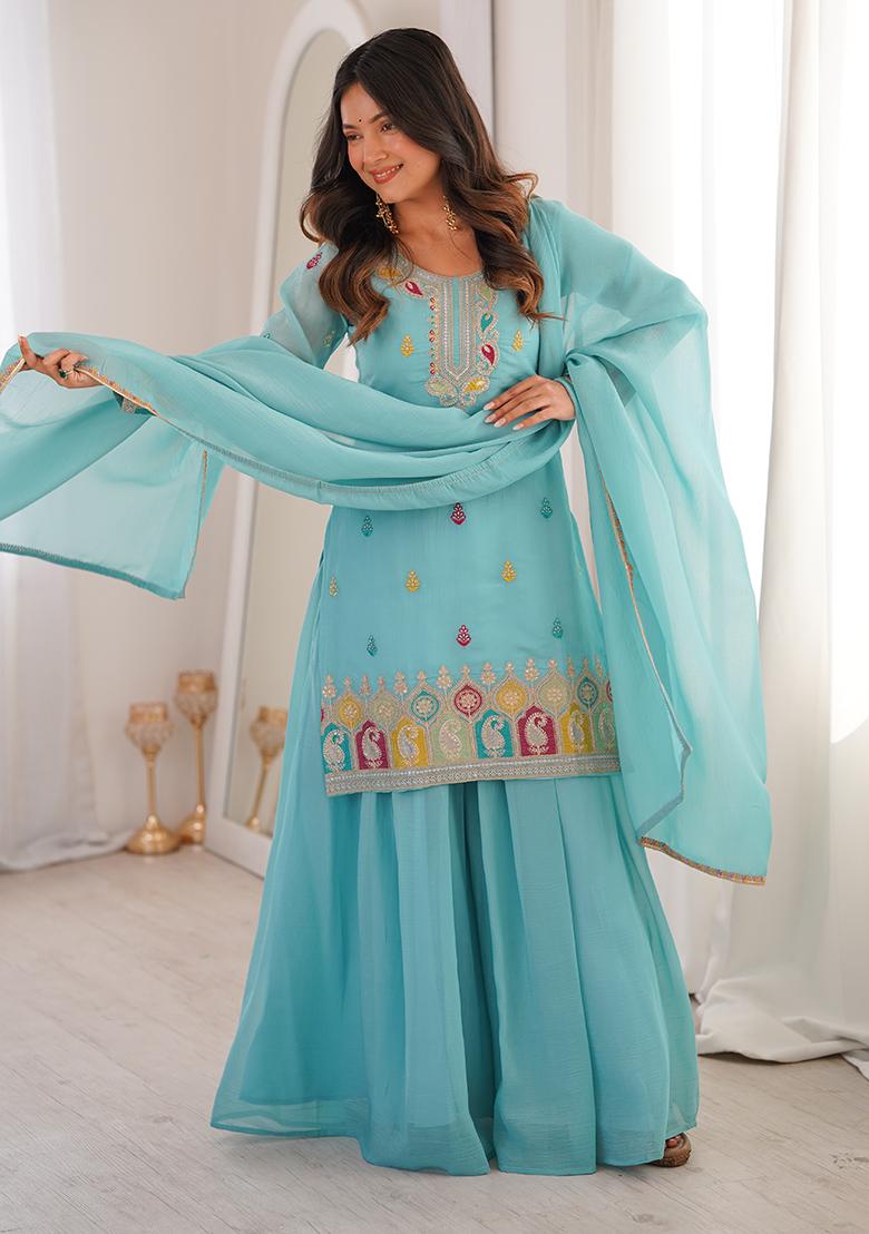 Sky Blue Thread Work Silk Kurta Set - Indya