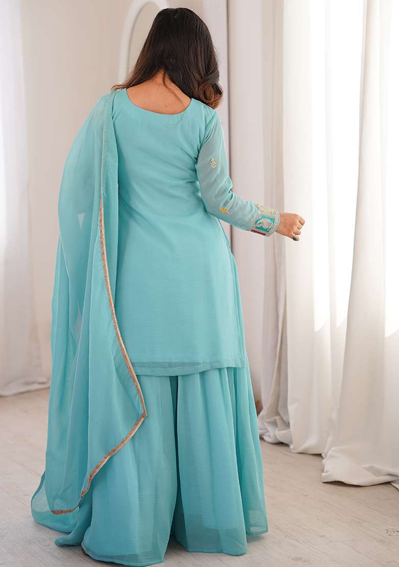 Sky Blue Embroidered Silk Blend Sharara Set - Indya