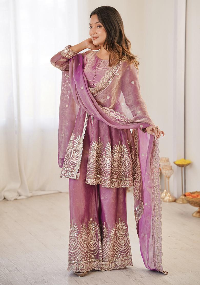 Pink Embroidered Silk Kurta Set - Indya