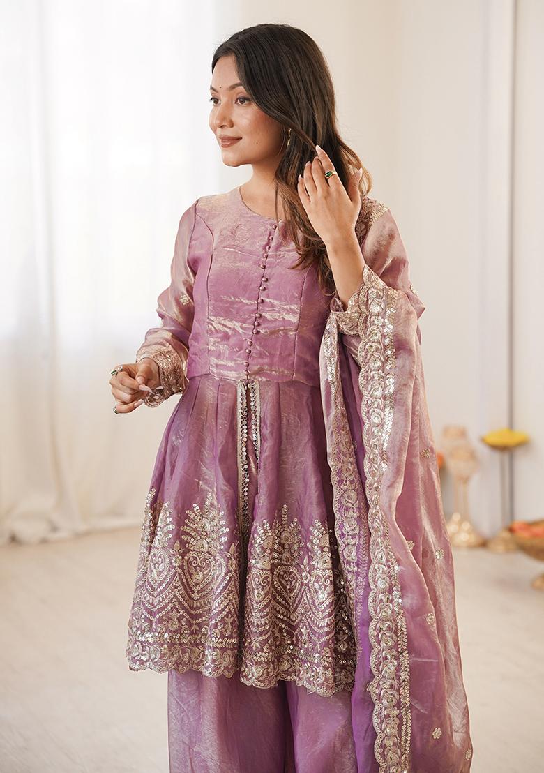 Pink Embroidered Silk Kurta Set - Indya