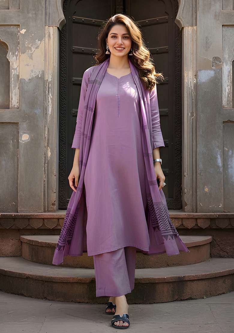 Pink Solid Cotton Straight Kurta Set - Indya