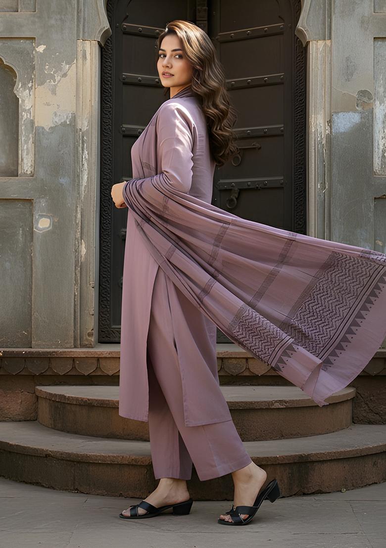 Pink Solid Cotton Kurta Set - Indya