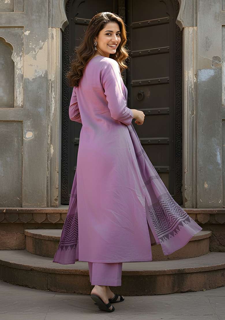 Pink Solid Cotton Straight Kurta Set - Indya