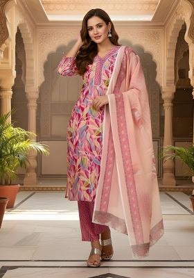 Pink Printed Cotton Straight Kurta Set