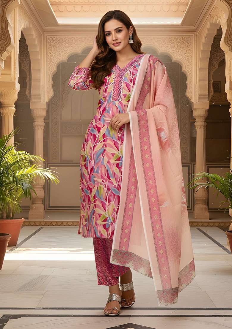 Pink Printed Cotton Straight Kurta Set - Indya