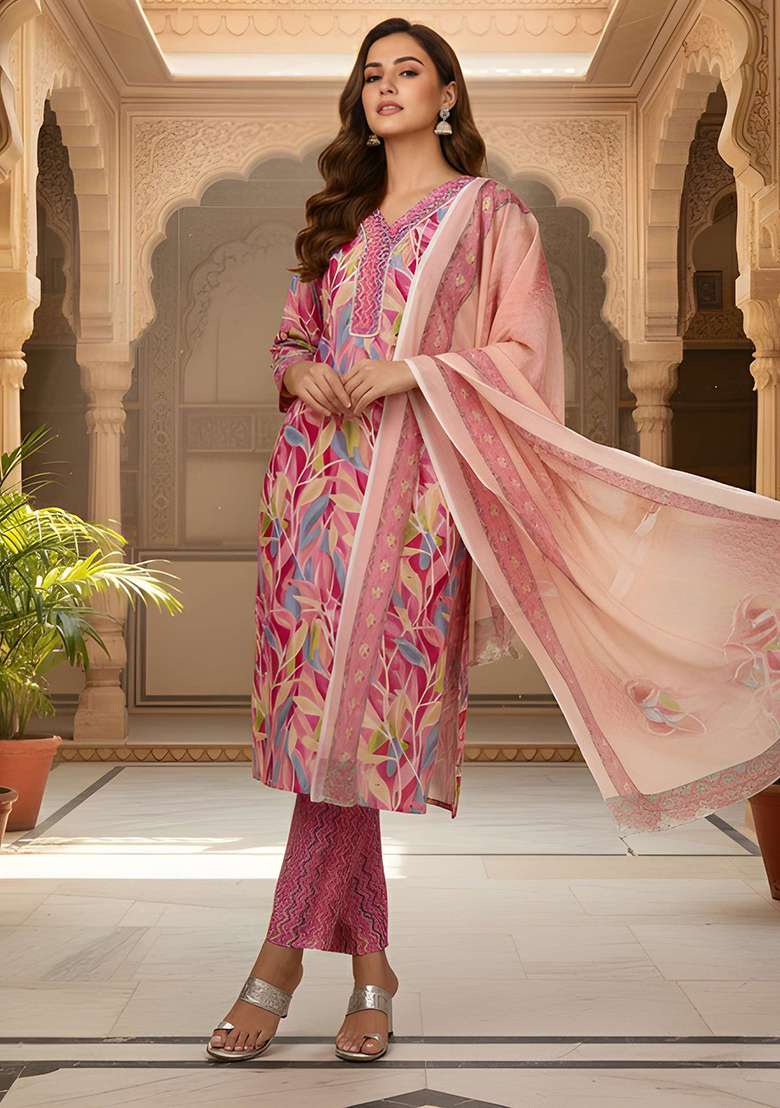 Pink Printed Cotton Straight Kurta Set - Indya