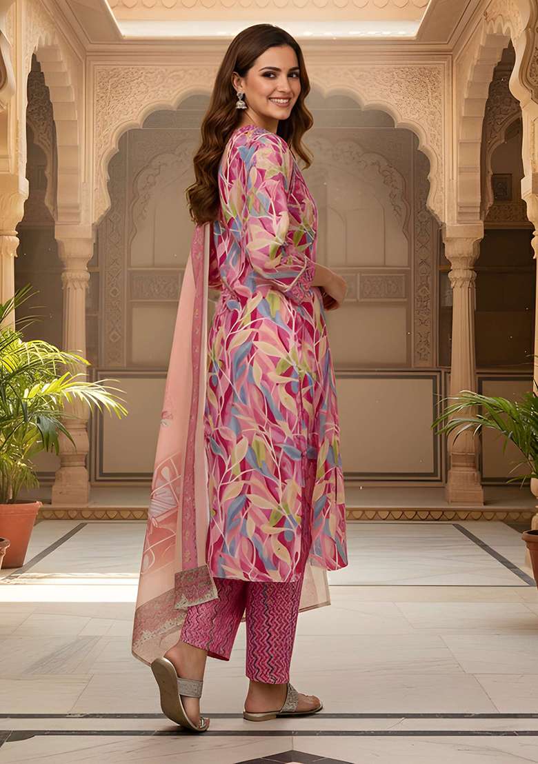 Pink Printed Cotton Straight Kurta Set - Indya