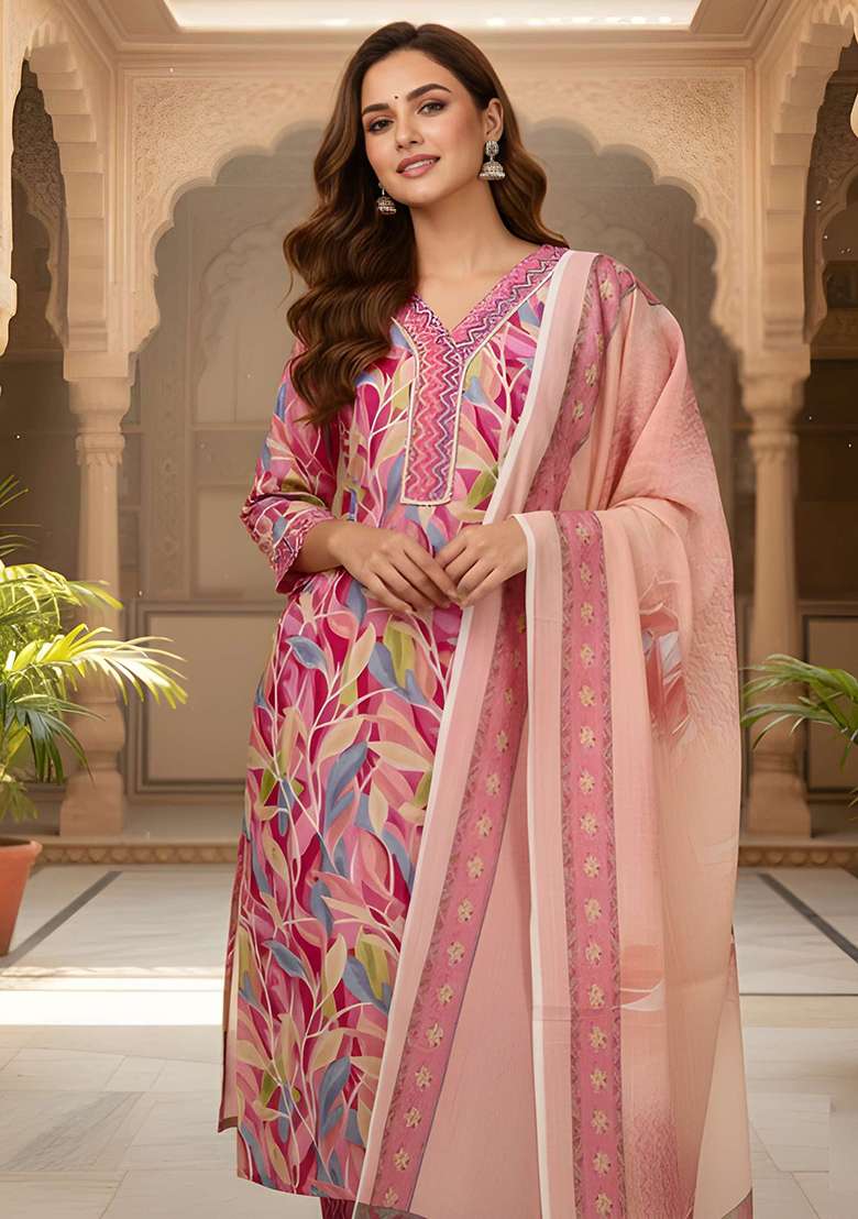 Pink Printed Cotton Straight Kurta Set - Indya