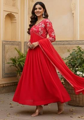 Red Solid Georgette Kurta Set