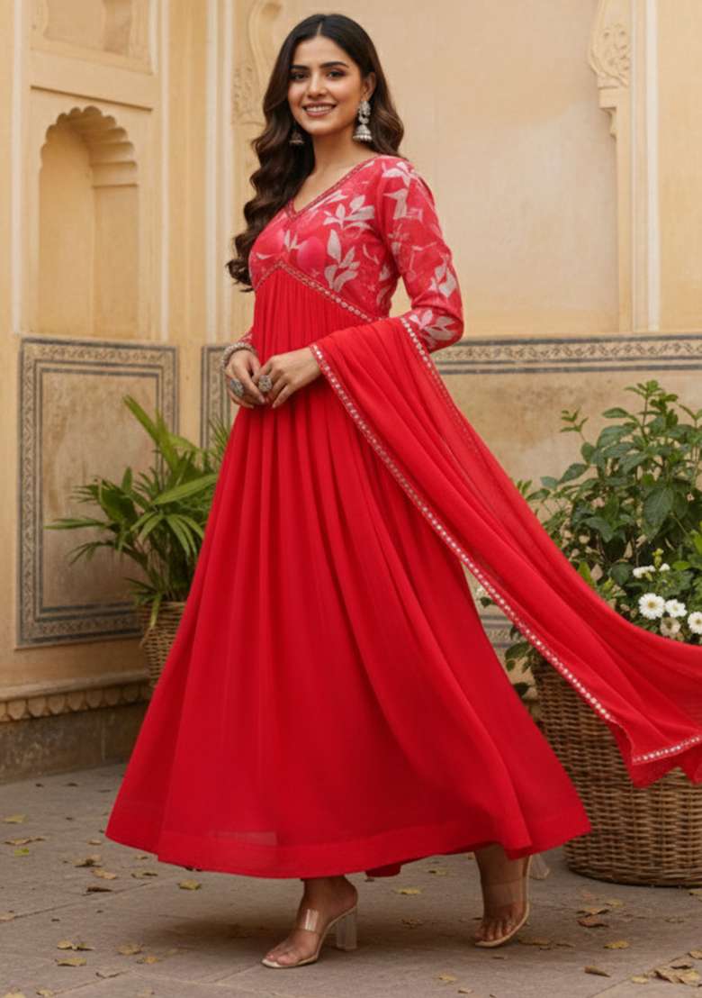 Red Embroidered Georgette Anarkali Set - Indya