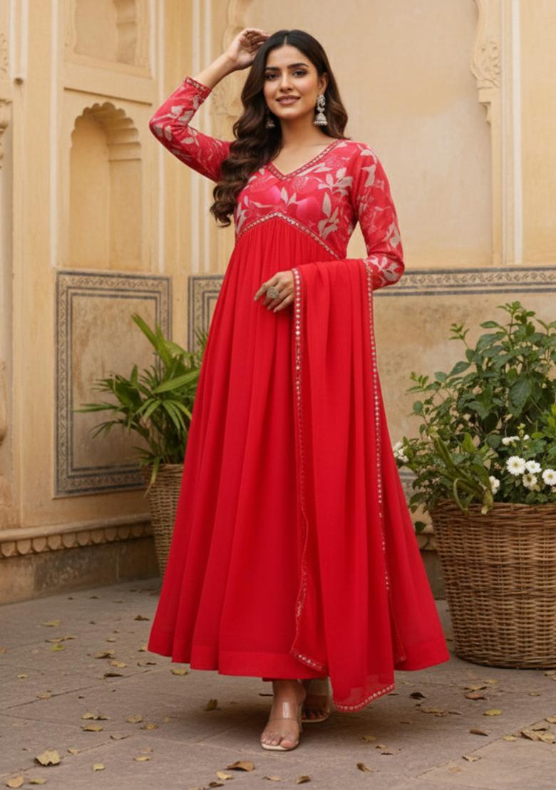 Red Solid Georgette Kurta Set - Indya