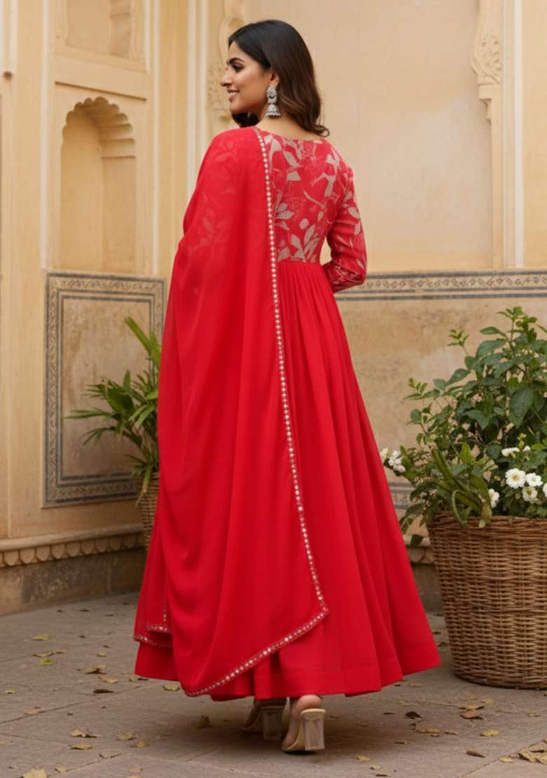 Red Embroidered Georgette Anarkali Set - Indya