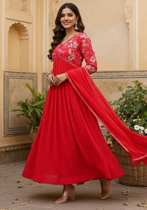 Red Solid Georgette Kurta Set