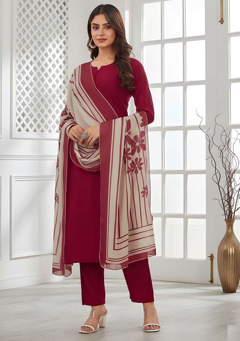 Red Solid Silk Blend Straight Kurta Set - Indya