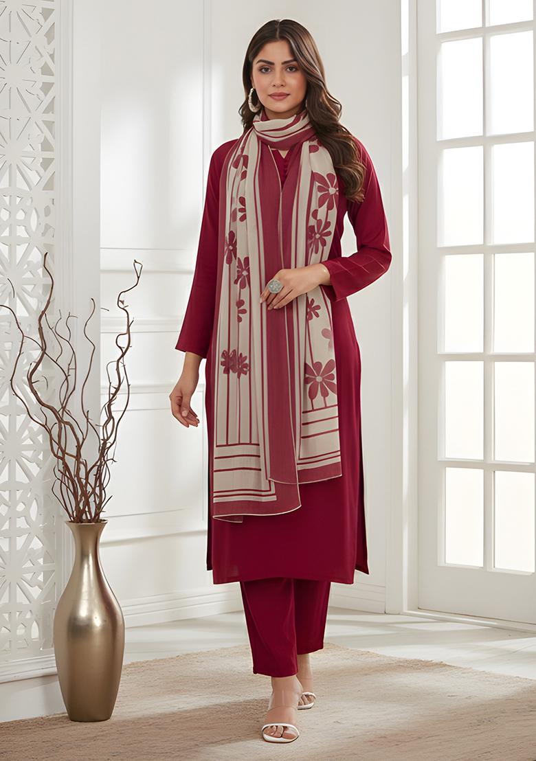 Red Solid Silk Kurta Set - Indya