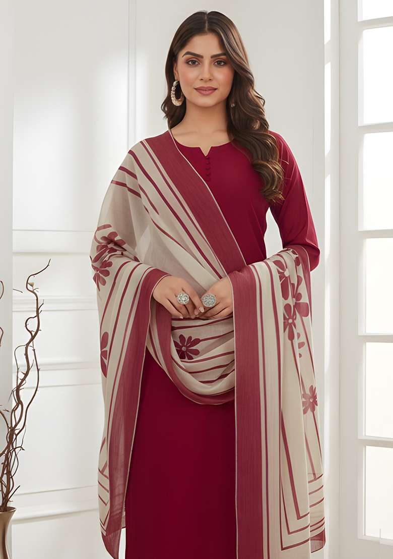 Red Solid Silk Blend Straight Kurta Set - Indya