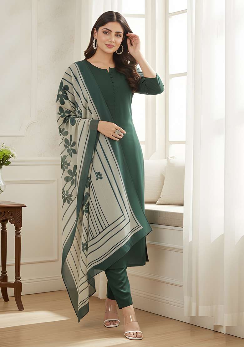 Green Solid Silk Blend Straight Kurta Set - Indya