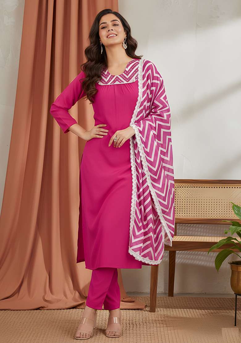 Pink Solid Rayon Straight Kurta Set - Indya