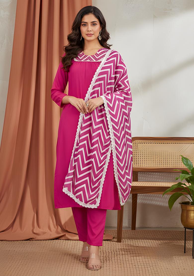 Pink Hand Work Rayon Kurta Set - Indya