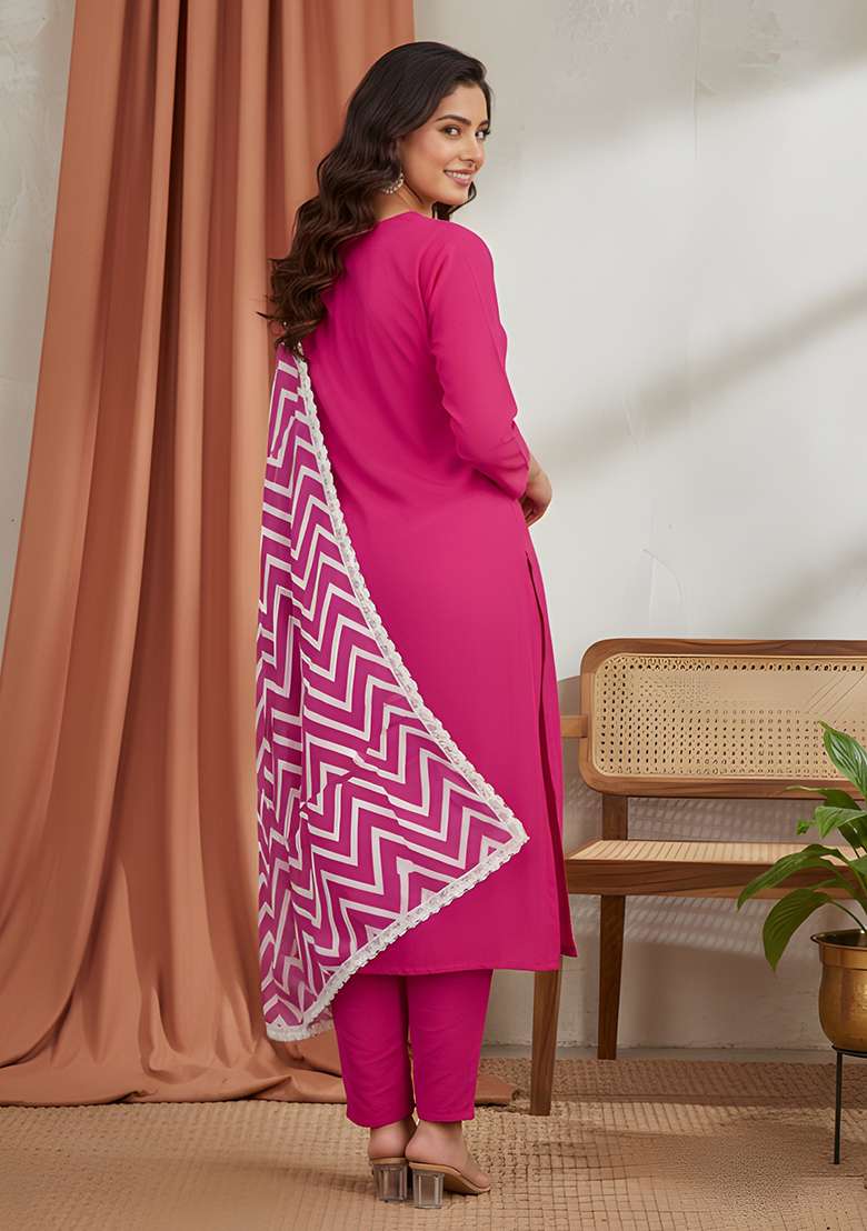 Pink Solid Rayon Straight Kurta Set - Indya