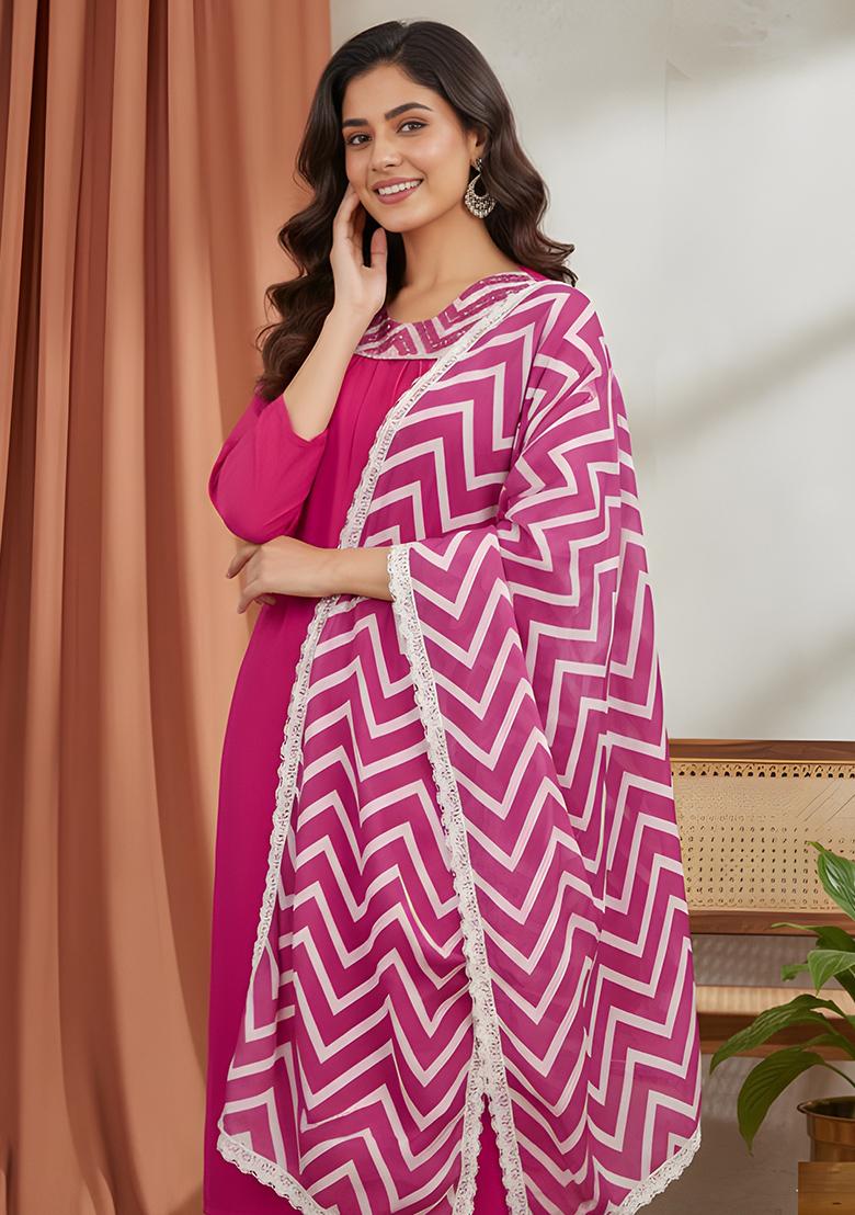 Pink Hand Work Rayon Kurta Set - Indya