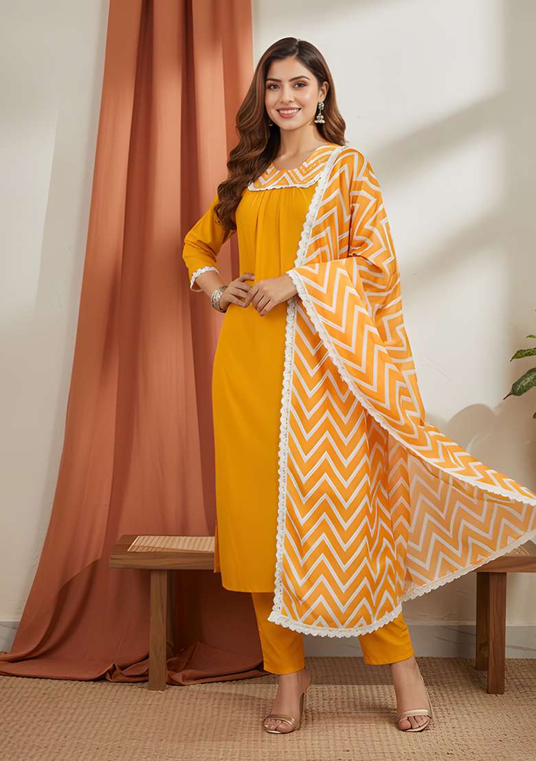 Yellow Solid Rayon Straight Kurta Set - Indya