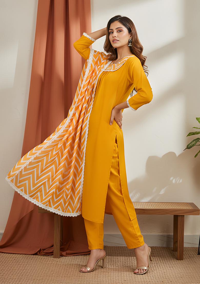 Yellow Hand Work Rayon Kurta Set - Indya