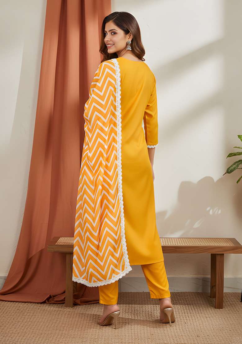 Yellow Solid Rayon Straight Kurta Set - Indya