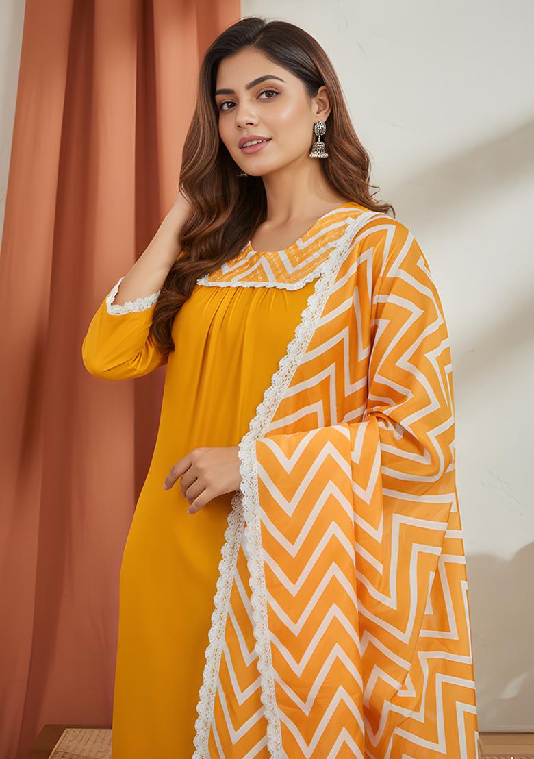 Yellow Hand Work Rayon Kurta Set - Indya