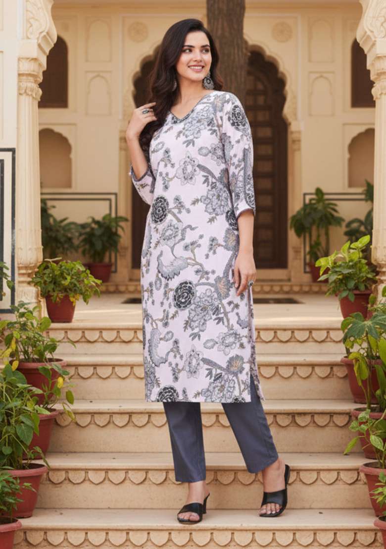 White Floral Print Cotton Straight Kurta Set - Indya